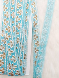 Thumbnail for Wholesale Sky Blue Net Lace Floral Embroidery & Glitter Gold Sequins, Indian Wedding Border, Gifting Ribbon Costume Trim Fashion Trimming