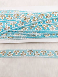 Thumbnail for Wholesale Sky Blue Net Lace Floral Embroidery & Glitter Gold Sequins, Indian Wedding Border, Gifting Ribbon Costume Trim Fashion Trimming