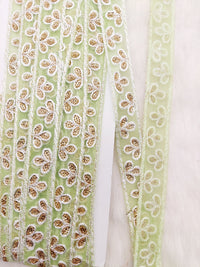 Thumbnail for Wholesale Green Net Lace Floral Embroidery & Glitter Gold Sequins, Indian Wedding Border, Gifting Ribbon Costume Trim Fashion Trimming