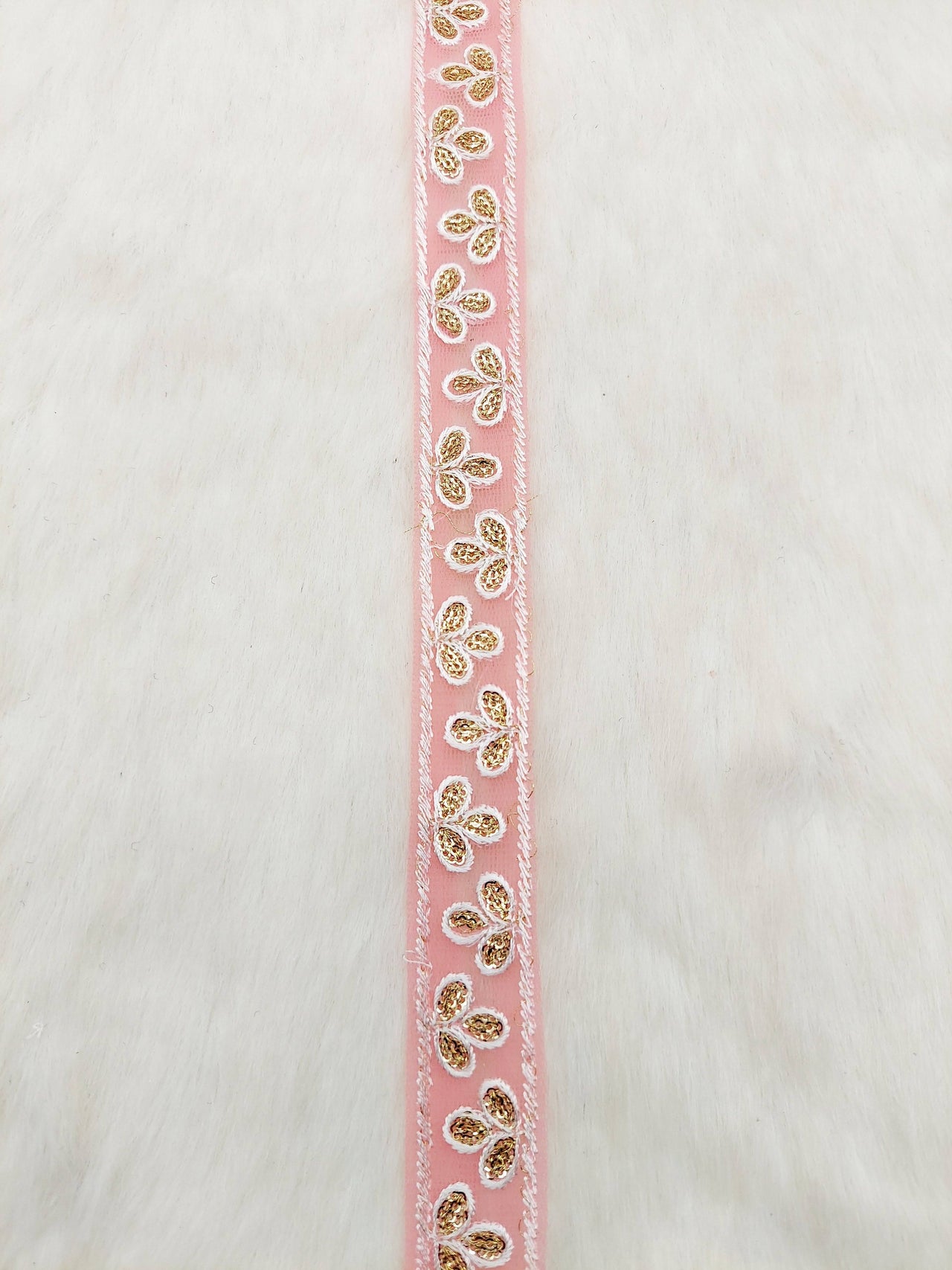 Wholesale Peach Net Lace Floral Embroidery & Glitter Gold Sequins, Indian Wedding Border, Gifting Ribbon Costume Trim Fashion Trimming
