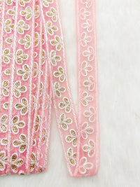 Thumbnail for Wholesale Peach Net Lace Floral Embroidery & Glitter Gold Sequins, Indian Wedding Border, Gifting Ribbon Costume Trim Fashion Trimming