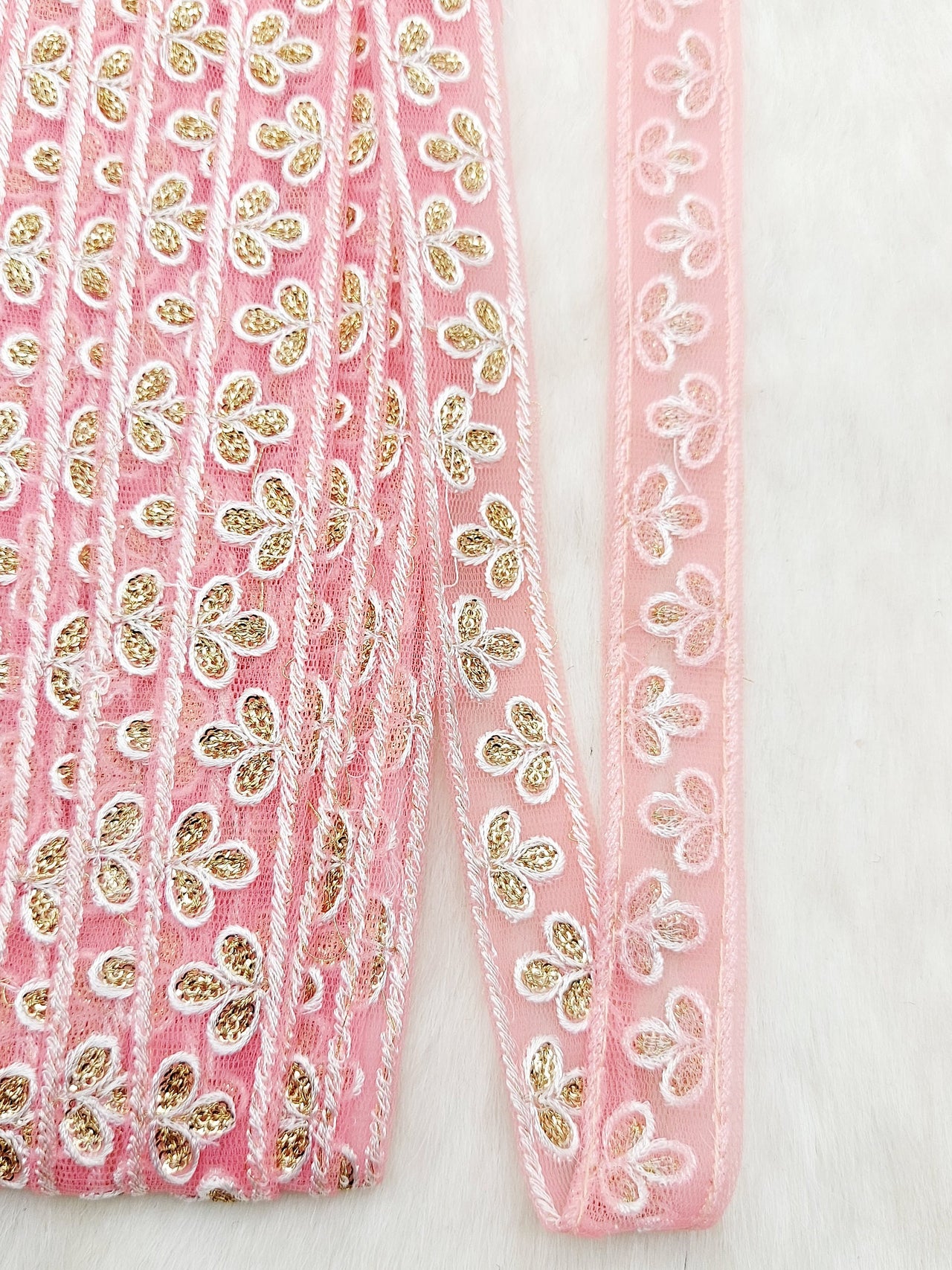 Wholesale Peach Net Lace Floral Embroidery & Glitter Gold Sequins, Indian Wedding Border, Gifting Ribbon Costume Trim Fashion Trimming