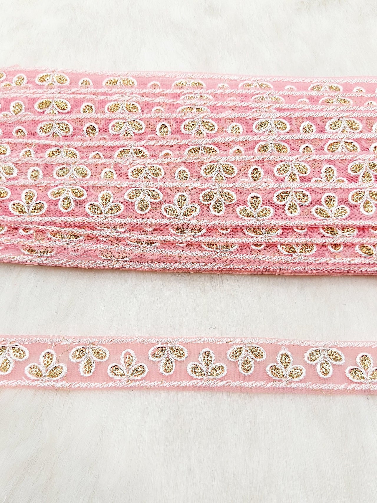 Wholesale Peach Net Lace Floral Embroidery & Glitter Gold Sequins, Indian Wedding Border, Gifting Ribbon Costume Trim Fashion Trimming