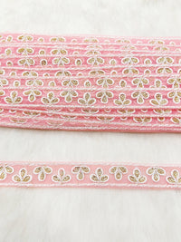Thumbnail for Wholesale Peach Net Lace Floral Embroidery & Glitter Gold Sequins, Indian Wedding Border, Gifting Ribbon Costume Trim Fashion Trimming