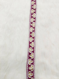 Thumbnail for Wholesale Wine Red Net Lace Floral Embroidery & Glitter Gold Sequins, Indian Wedding Border, Gifting Ribbon Costume Trim Fashion Trimming