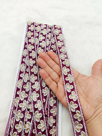 Thumbnail for Wholesale Wine Red Net Lace Floral Embroidery & Glitter Gold Sequins, Indian Wedding Border, Gifting Ribbon Costume Trim Fashion Trimming