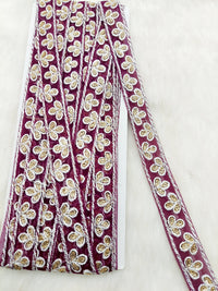 Thumbnail for Wholesale Wine Red Net Lace Floral Embroidery & Glitter Gold Sequins, Indian Wedding Border, Gifting Ribbon Costume Trim Fashion Trimming