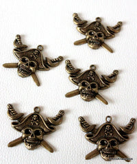 Thumbnail for 2 x Zinc Alloy Bronze Tone Pirate Skull Charm Pendants 44mmx34mm