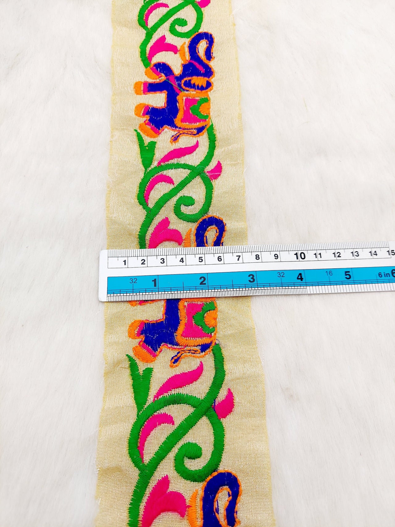 Beige Trim With Blue Elephant Embroidery , Lace Trim, Indian Lace Trim