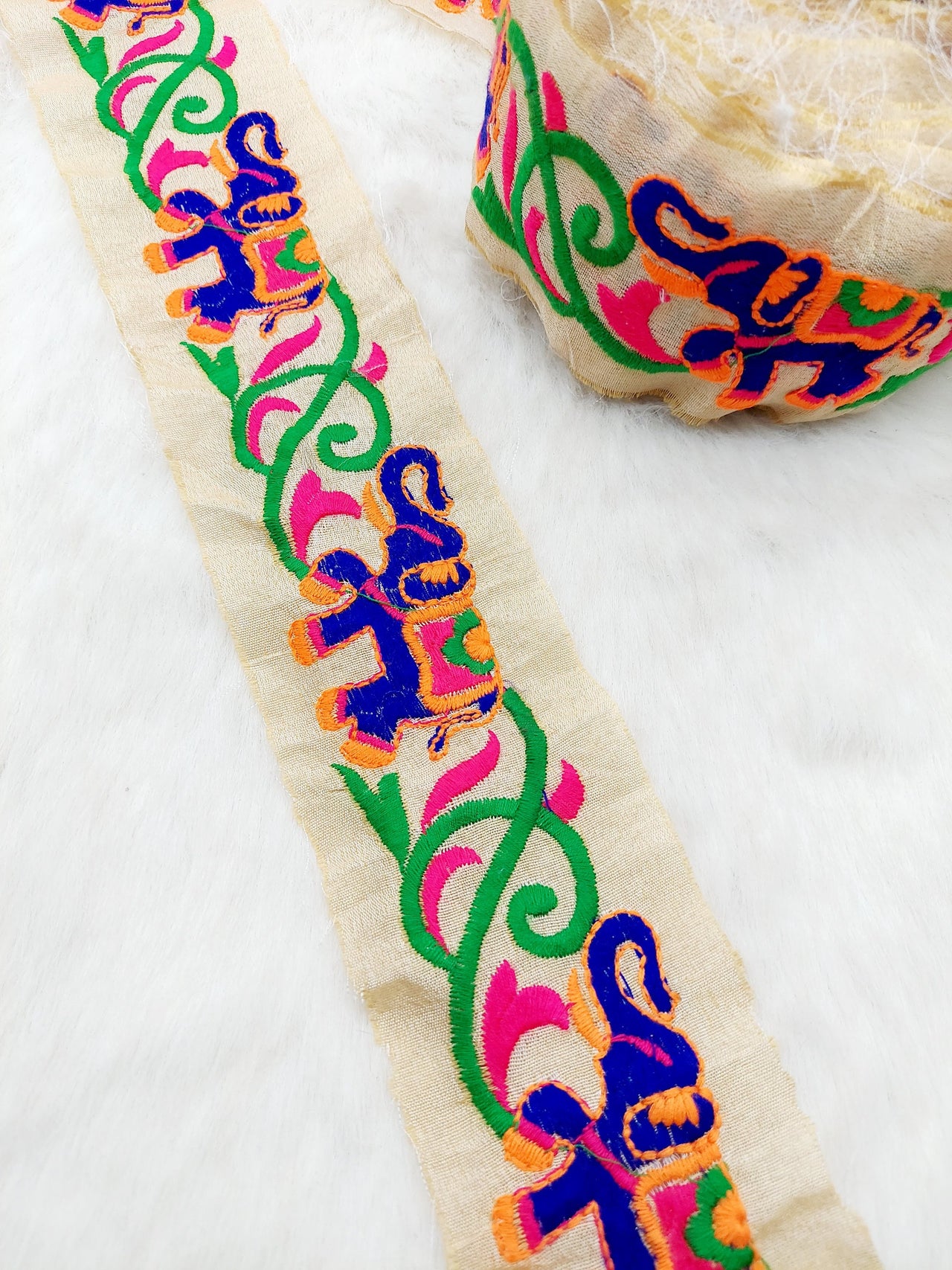 Beige Trim With Blue Elephant Embroidery , Lace Trim, Indian Lace Trim