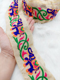 Thumbnail for Beige Trim With Blue Elephant Embroidery , Lace Trim, Indian Lace Trim