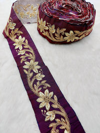 Thumbnail for Wine Red Art Silk Fabric Trim With Gold Zari Embroidery, Floral Embroider Trimming, Trim By The Yard