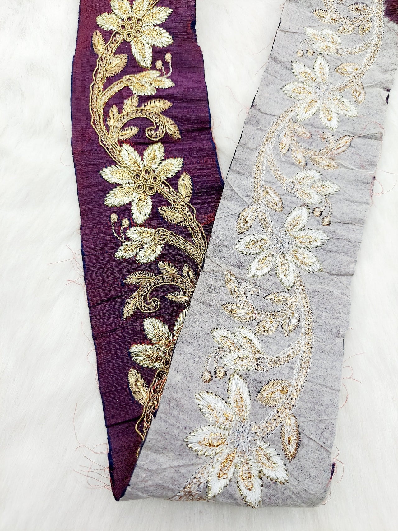 Wine Red Art Silk Fabric Trim With Gold Zari Embroidery, Floral Embroider Trimming, Trim By The Yard
