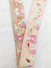Thumbnail for Cutwork Lace Trim With Intricate Hand Embroidered Swans In Pink and Zardozi Embroidery, Floral Trims, Sari Border