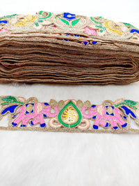 Thumbnail for Cutwork Lace Trim With Intricate Hand Embroidered Elephants In Pink and Zardozi Embroidery, Floral Trims, Sari Border
