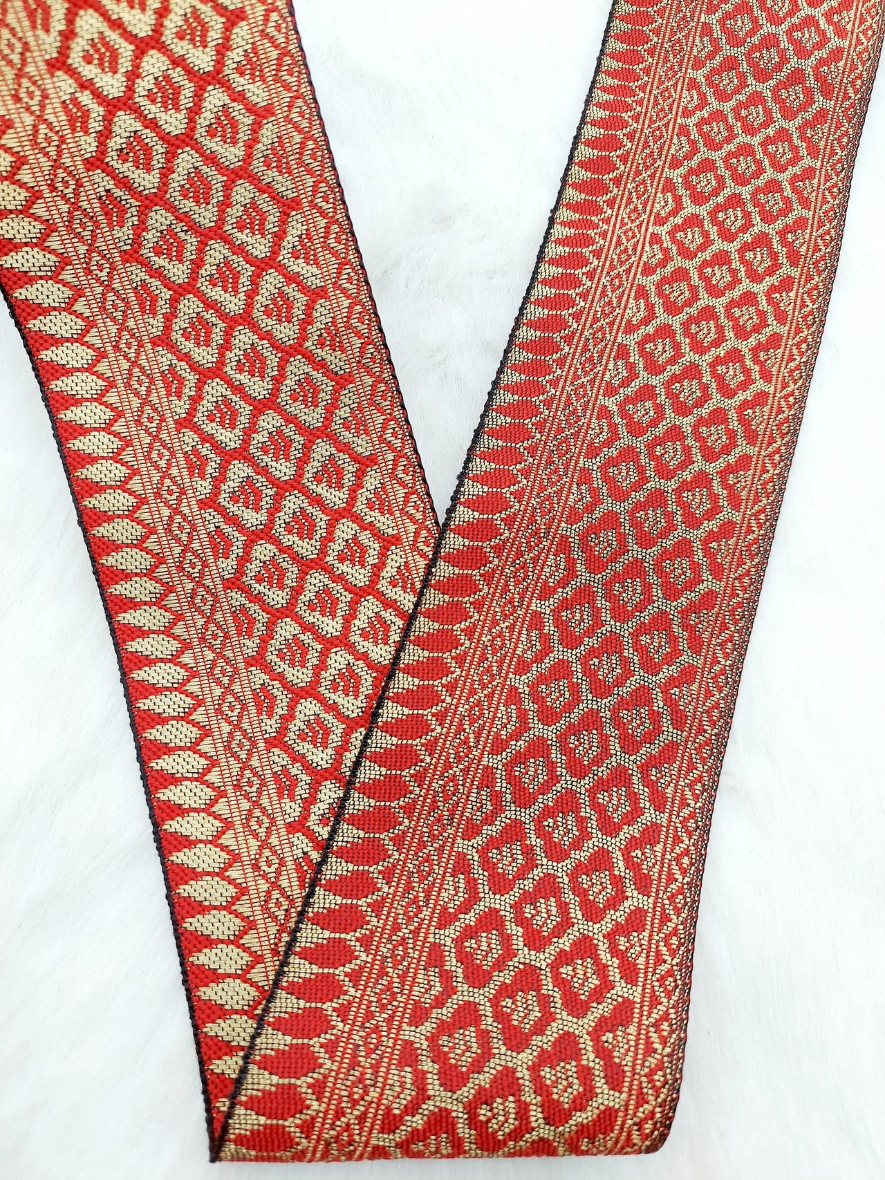 Jacquard Saree Border, Red And Gold Woven Thread Work Trim, Jacquard Trimming Decorative Trim