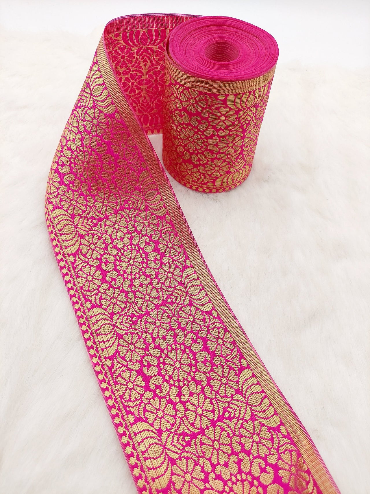 Jacquard Saree Border, Fuchsia Pink And Gold Woven Thread Work Trim, Jacquard Trimming Decorative Trim