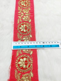 Thumbnail for Red Art Silk Fabric Trim With Gold Zari Gota Patti Embroidery, Floral Embroider Trimming, Trim By The Yard