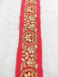 Thumbnail for Red Art Silk Fabric Trim With Gold Zari Gota Patti Embroidery, Floral Embroider Trimming, Trim By The Yard
