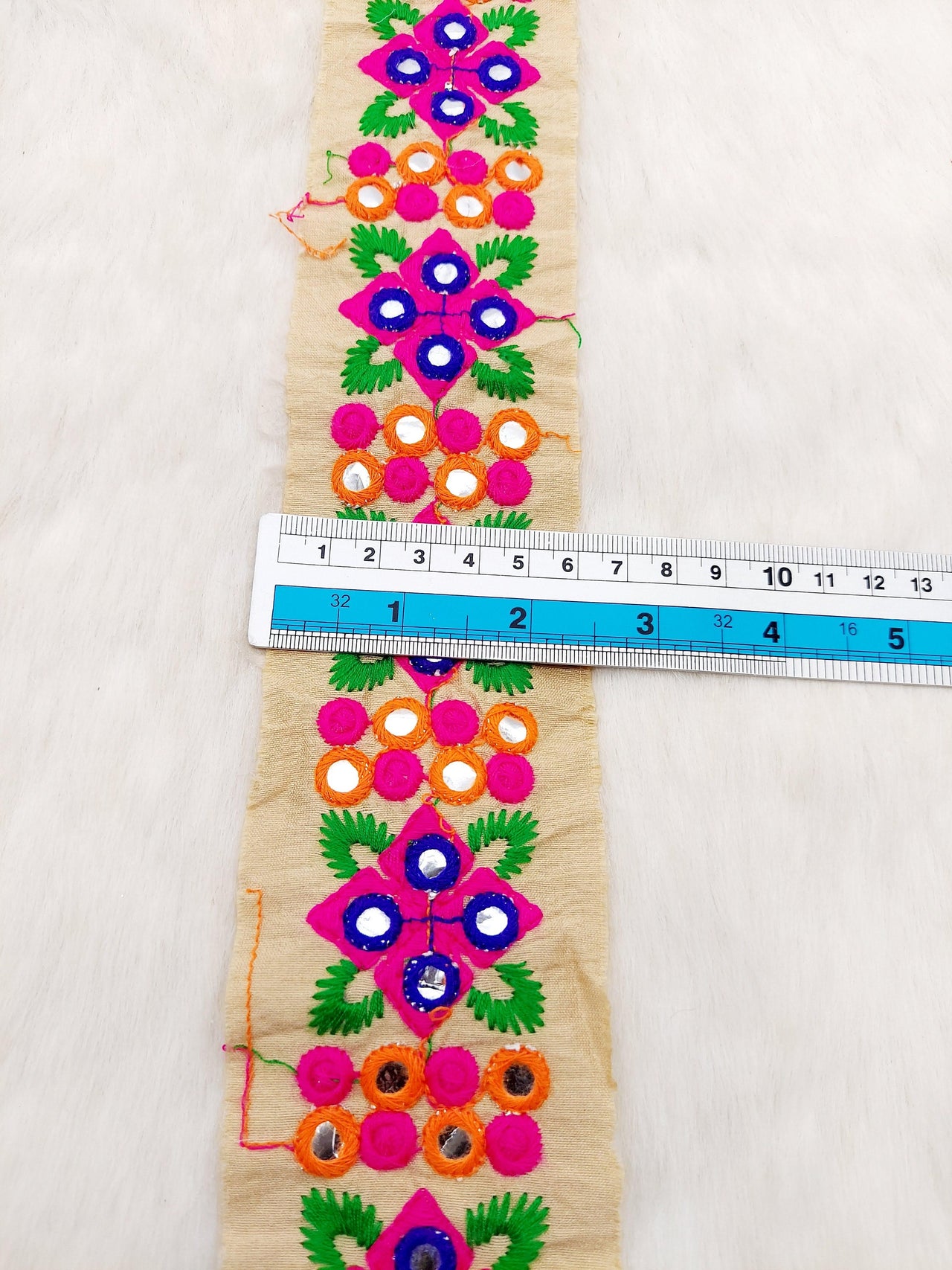 Beige Art Silk Fabric Trim With Pink and Blue Floral Embroidery, Foil Mirror Embroider Trimming, Trim By The Yard
