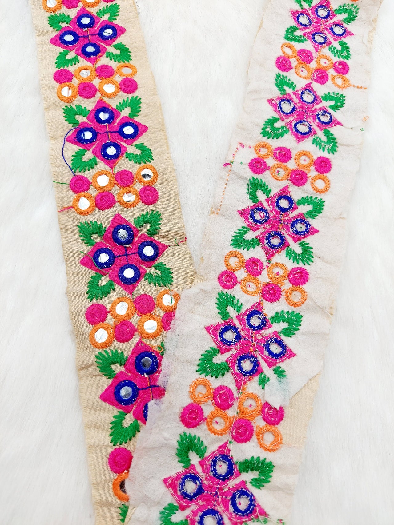 Beige Art Silk Fabric Trim With Pink and Blue Floral Embroidery, Foil Mirror Embroider Trimming, Trim By The Yard