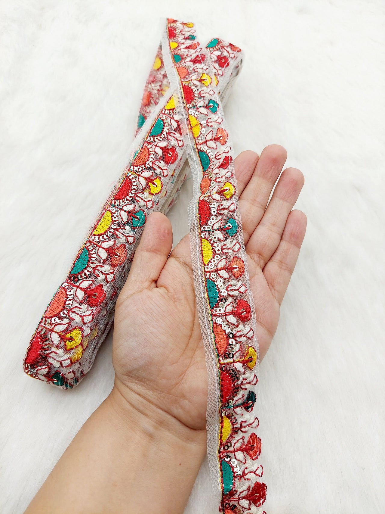 White Tissue Fabric Trim In Multicoloured Floral Embroidery With Matt Gold Sequins, Lace Trim By 9 Yards Indian Decorative Trim, Ribbon