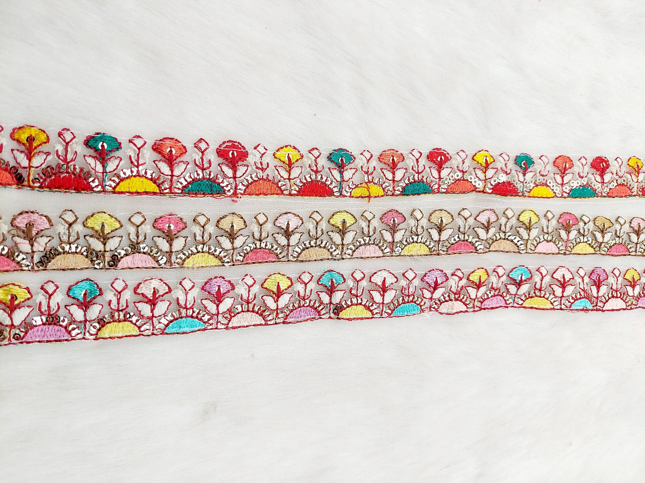 White Tissue Fabric Trim In Multicoloured Floral Embroidery With Matt Gold Sequins, Lace Trim By 9 Yards Indian Decorative Trim, Ribbon