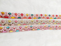 Thumbnail for White Tissue Fabric Trim In Multicoloured Floral Embroidery With Matt Gold Sequins, Lace Trim By 9 Yards Indian Decorative Trim, Ribbon