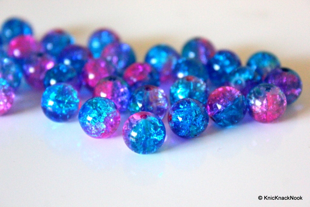 12 mm Pink and Turquoise Two Tone Crackle Glass Beads x 10
