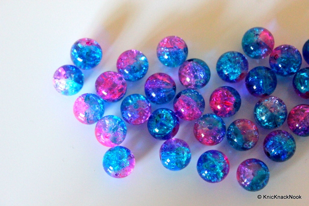 12 mm Pink and Turquoise Two Tone Crackle Glass Beads x 10