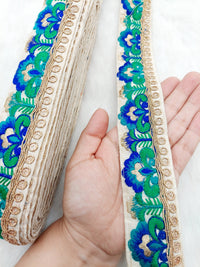 Thumbnail for Beige Art Silk Lace Trim in Floral Embroidery, Gold Sequins Embellishments, Decorative Trim