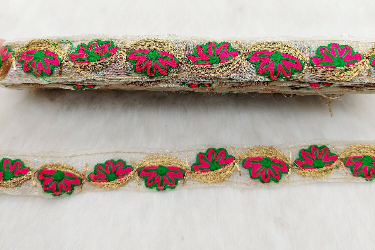 Off White Tissue Fabric Trim In Floral Embroidery, Gold Lace Trim By 9 Yards Indian Decorative Trim, Ribbon