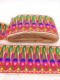 Thumbnail for Off White Art Silk Fabric Trim, Paisley Embroidered Trim, Foil Mirror Embroidery