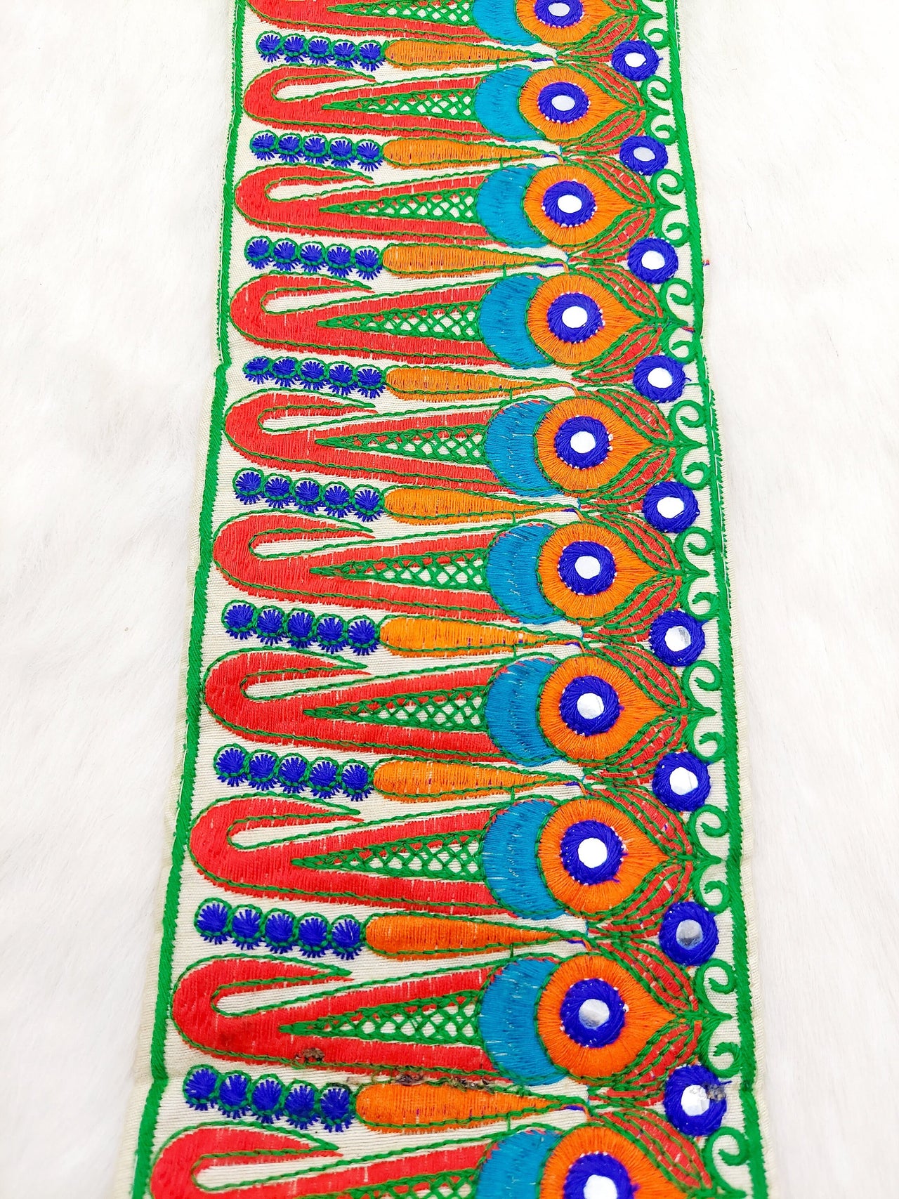 Off White Art Silk Fabric Trim, Paisley Embroidered Trim, Foil Mirror Embroidery