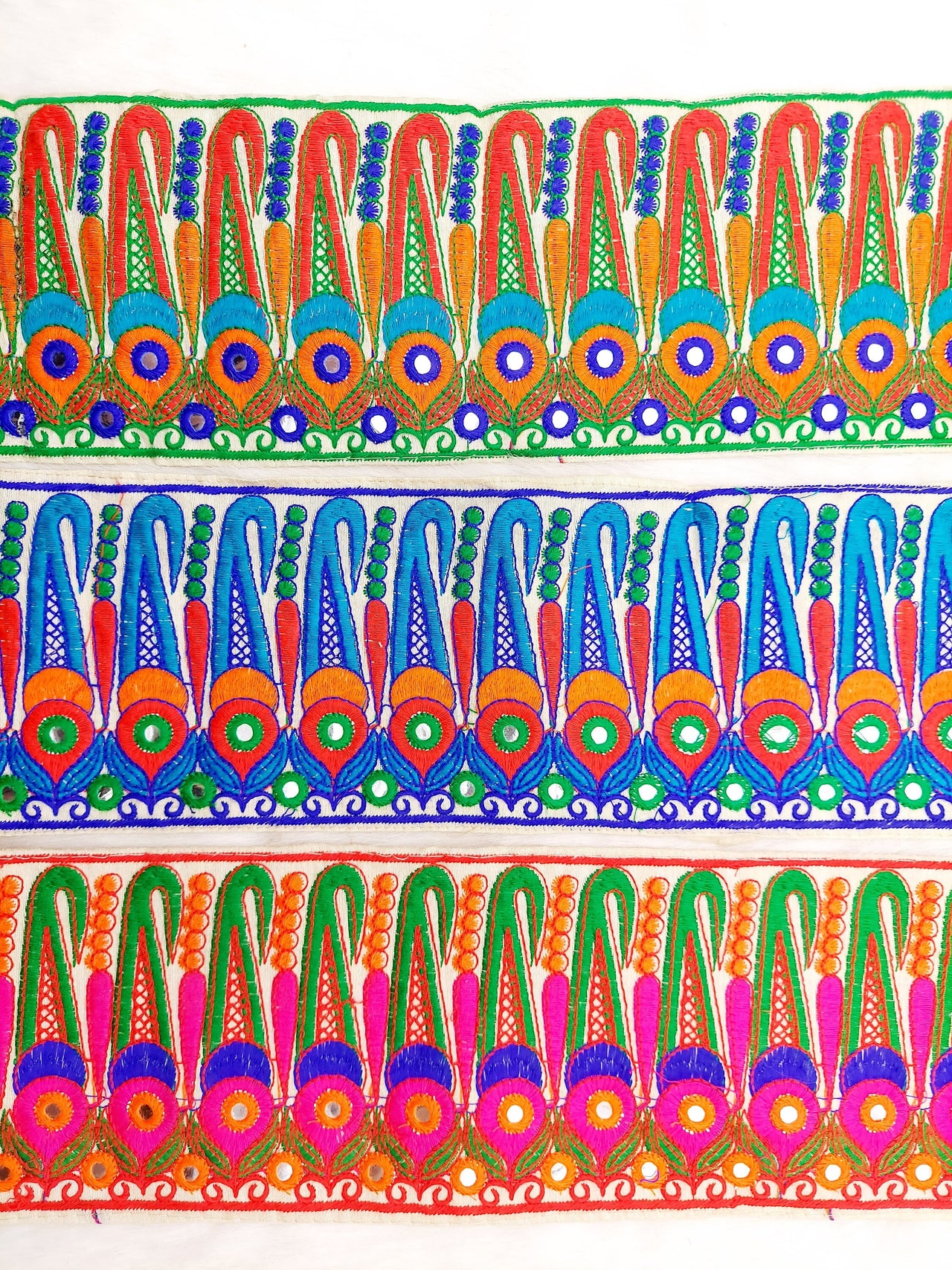 Off White Art Silk Fabric Trim, Paisley Embroidered Trim, Foil Mirror Embroidery