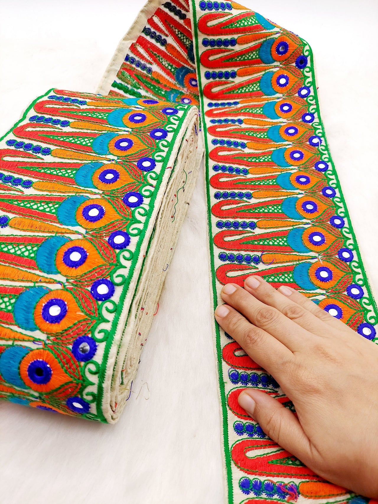 Off White Art Silk Fabric Trim, Paisley Embroidered Trim, Foil Mirror Embroidery