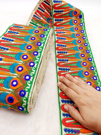Thumbnail for Off White Art Silk Fabric Trim, Paisley Embroidered Trim, Foil Mirror Embroidery