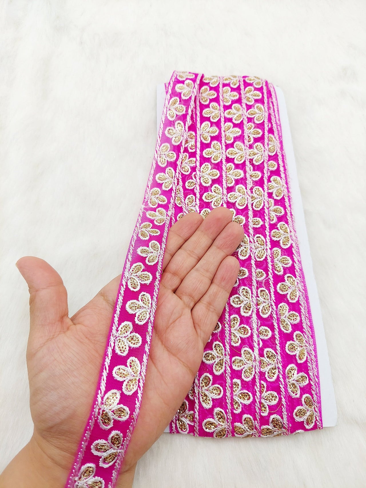 Wholesale Fuchsia Net Lace Floral Embroidery & Glitter Gold Sequins, Indian Wedding Border, Gifting Ribbon Costume Trim Fashion Trimming