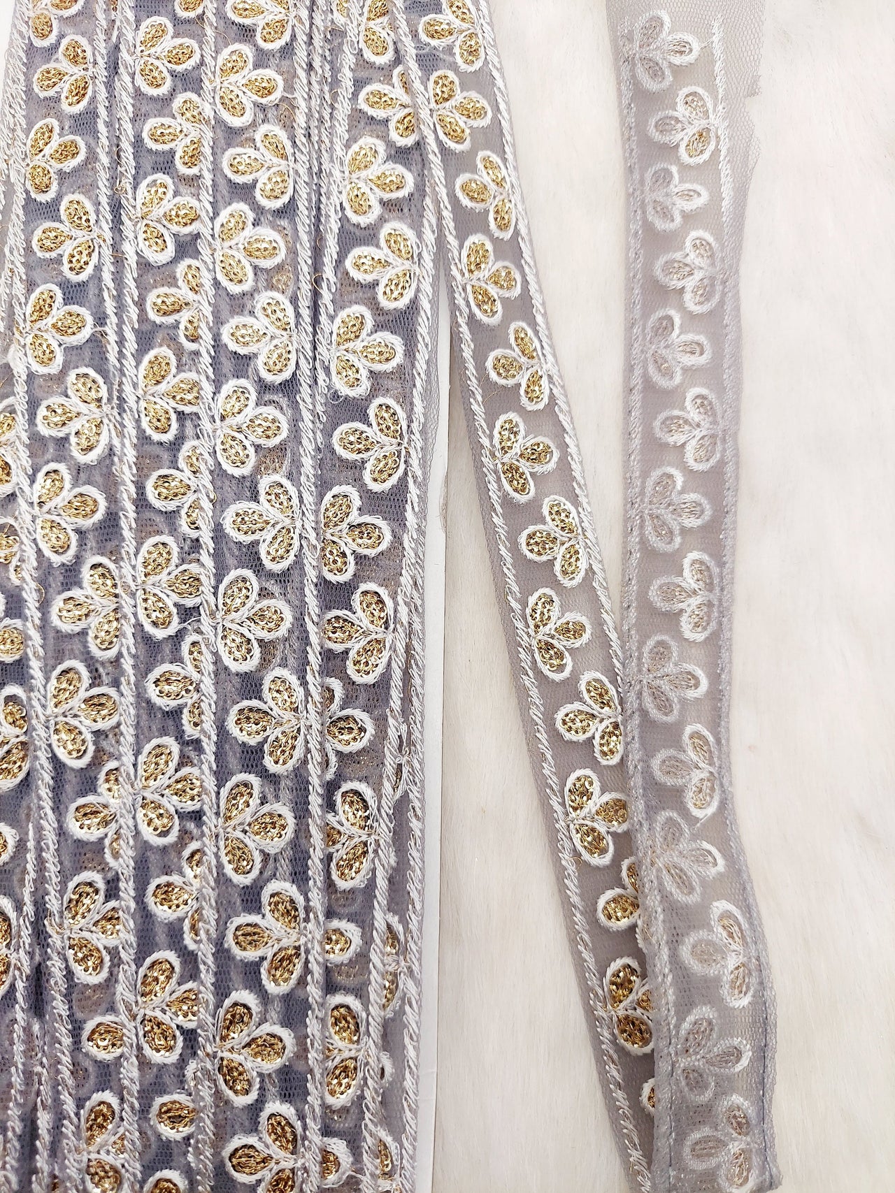 Wholesale Grey Net Lace Floral Embroidery & Glitter Gold Sequins, Indian Wedding Border, Gifting Ribbon Costume Trim Fashion Trimming