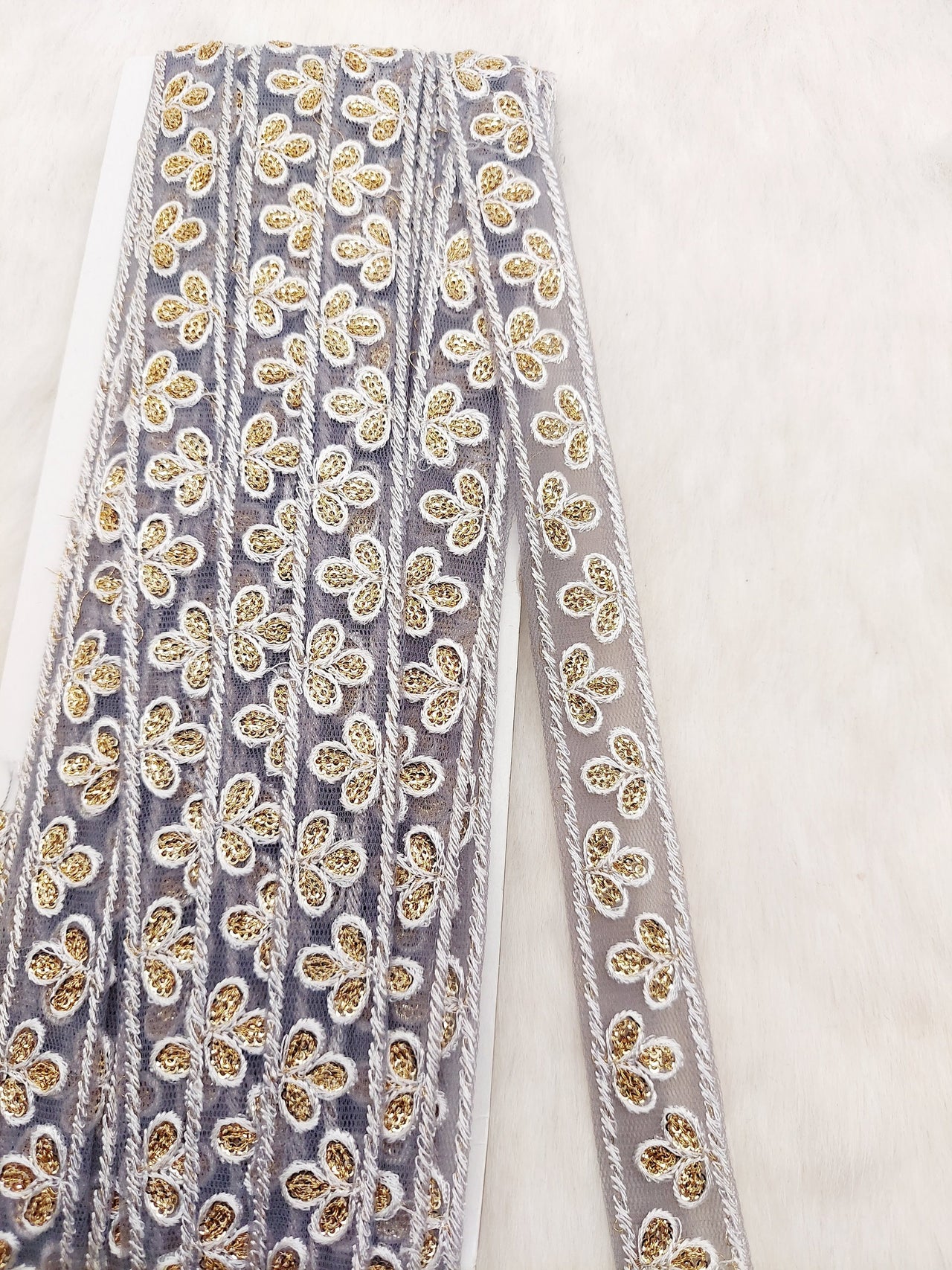 Wholesale Grey Net Lace Floral Embroidery & Glitter Gold Sequins, Indian Wedding Border, Gifting Ribbon Costume Trim Fashion Trimming