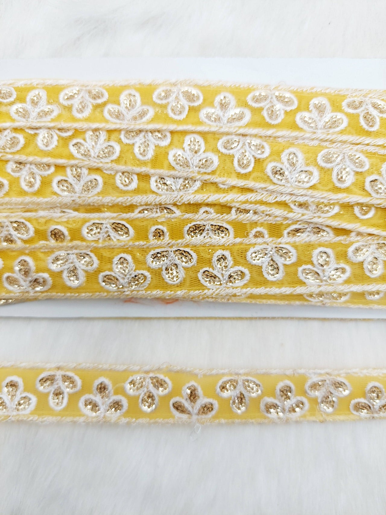 Wholesale Yellow Net Lace Floral Embroidery & Glitter Gold Sequins, Indian Wedding Border, Gifting Ribbon Costume Trim Fashion Trimming