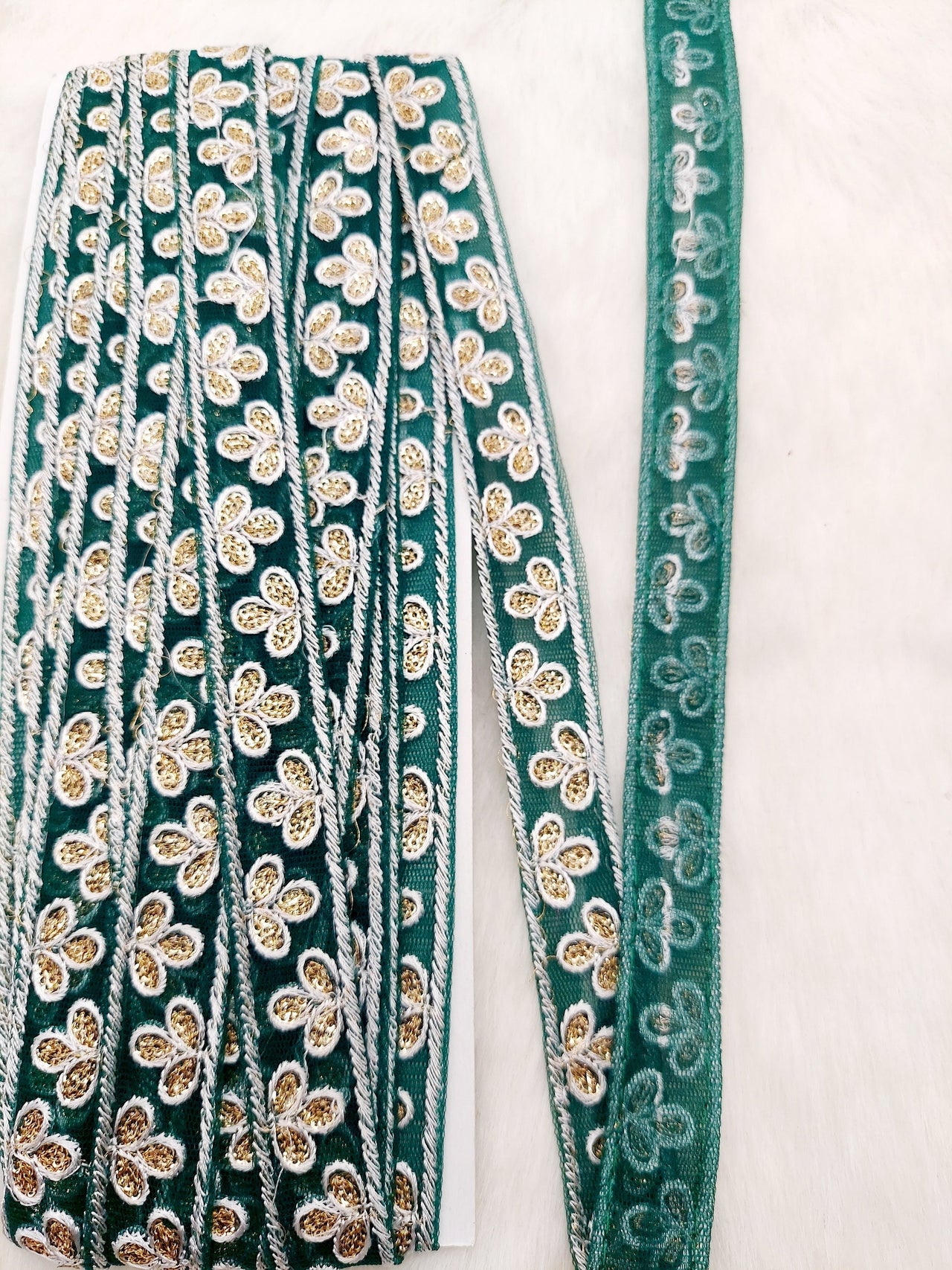 Wholesale Dark Green Net Lace Floral Embroidery & Glitter Gold Sequins, Indian Wedding Border, Gifting Ribbon Costume Trim Fashion Trimming