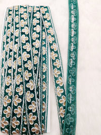 Thumbnail for Wholesale Dark Green Net Lace Floral Embroidery & Glitter Gold Sequins, Indian Wedding Border, Gifting Ribbon Costume Trim Fashion Trimming