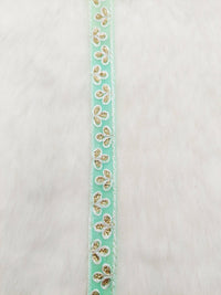 Thumbnail for Wholesale Mint Green Net Lace Floral Embroidery & Glitter Gold Sequins, Indian Wedding Border, Gifting Ribbon Costume Trim Fashion Trimming