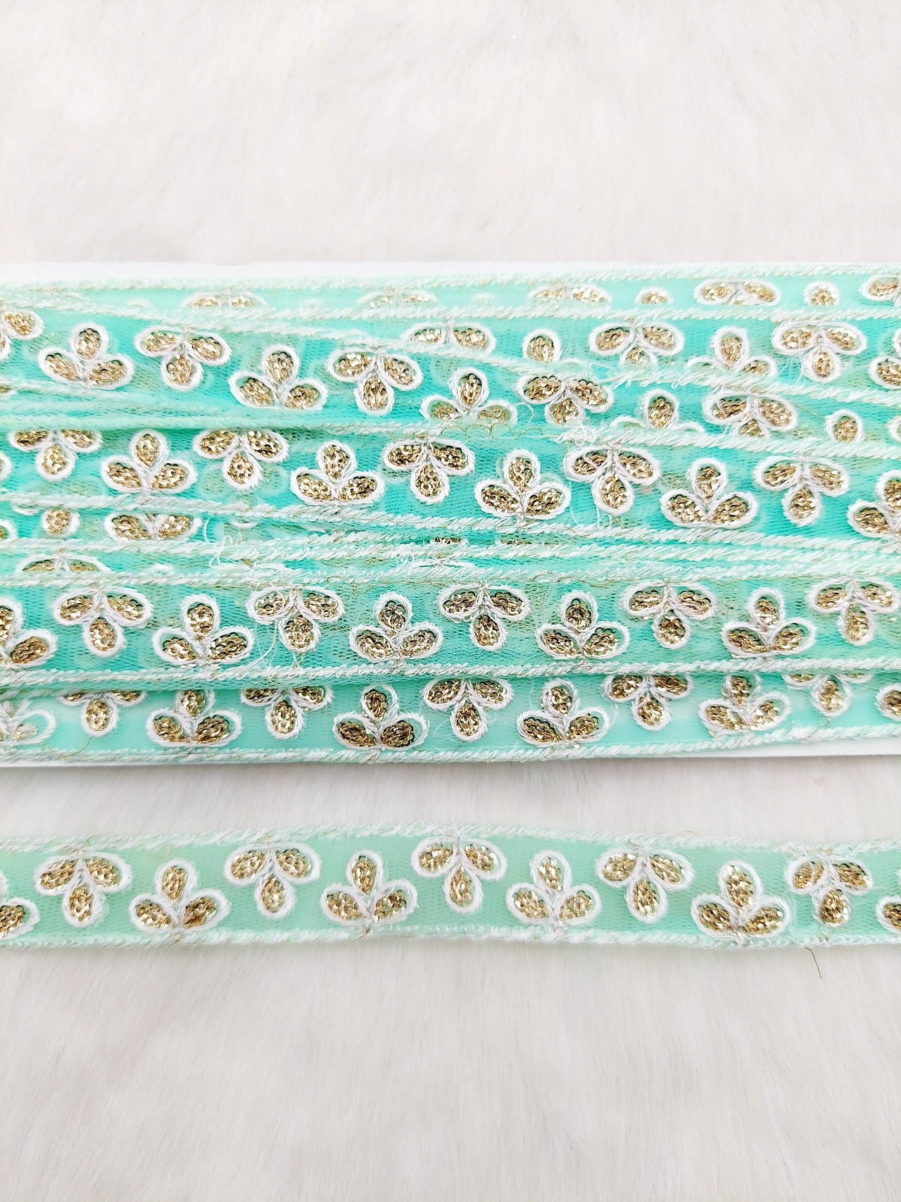 Wholesale Mint Green Net Lace Floral Embroidery & Glitter Gold Sequins, Indian Wedding Border, Gifting Ribbon Costume Trim Fashion Trimming