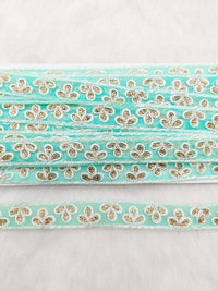 Thumbnail for Wholesale Mint Green Net Lace Floral Embroidery & Glitter Gold Sequins, Indian Wedding Border, Gifting Ribbon Costume Trim Fashion Trimming