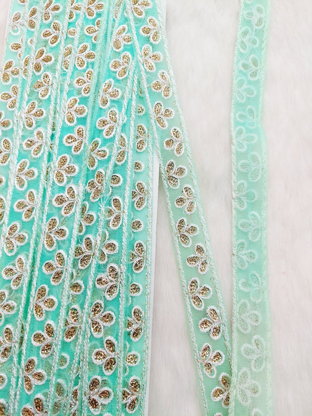 Wholesale Mint Green Net Lace Floral Embroidery & Glitter Gold Sequins, Indian Wedding Border, Gifting Ribbon Costume Trim Fashion Trimming