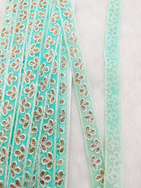 Thumbnail for Wholesale Mint Green Net Lace Floral Embroidery & Glitter Gold Sequins, Indian Wedding Border, Gifting Ribbon Costume Trim Fashion Trimming