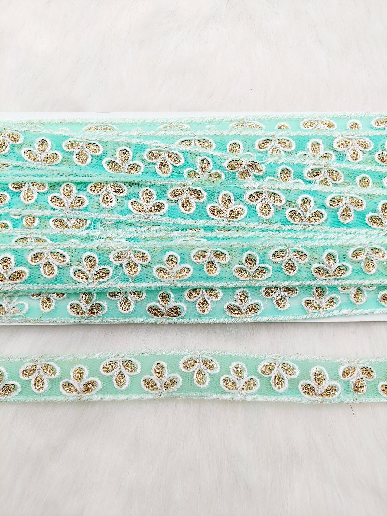 Wholesale Mint Green Net Lace Floral Embroidery & Glitter Gold Sequins, Indian Wedding Border, Gifting Ribbon Costume Trim Fashion Trimming