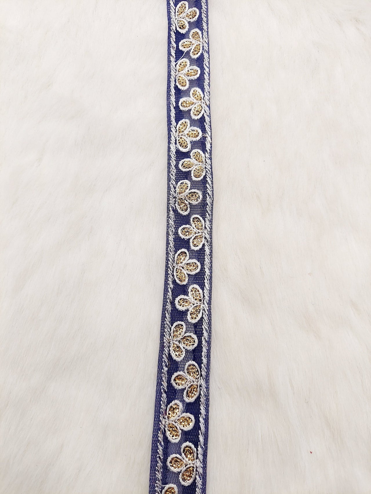Wholesale Navy Blue Net Lace Floral Embroidery & Glitter Gold Sequins, Indian Wedding Border, Gifting Ribbon Costume Trim Fashion Trimming